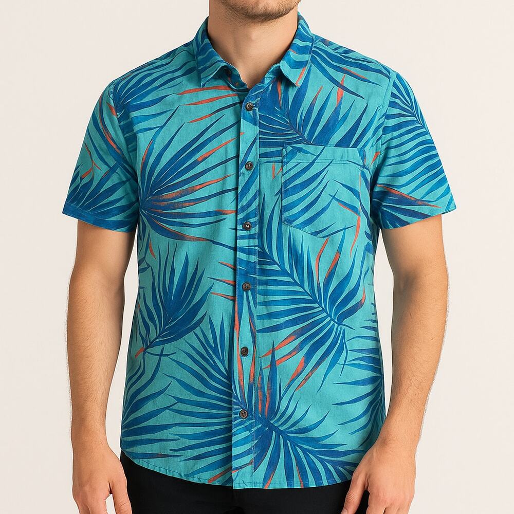 Quiksilver Tropical Palm Button Up Shirt Men’s M Blue Teal Hawaiian Surf